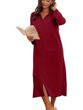 〽️Women's Bathrobe Wine Red Long Sleeves Zipper Soft Loungewear with Pockets